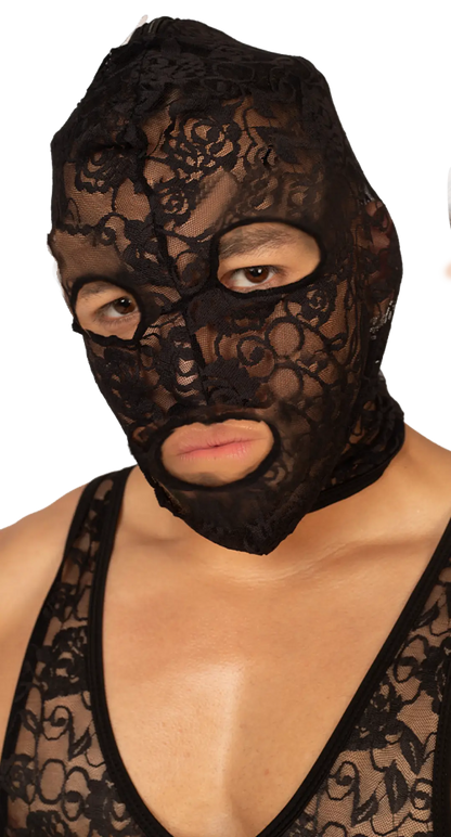 Black lace face mask with floral pattern from gigo magnetic balaclava featuring elegant material and design