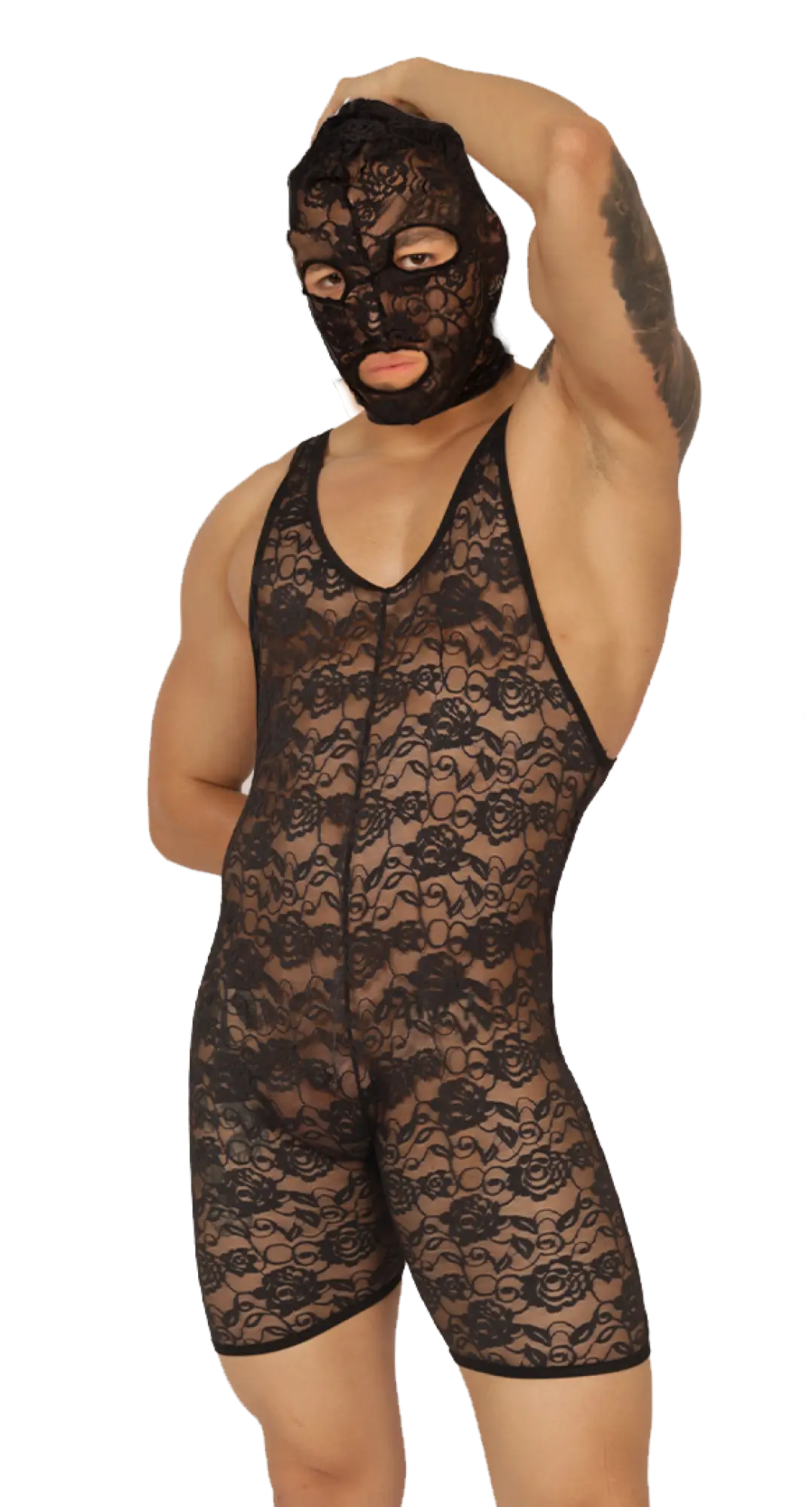 Black lace wrestling singlet with floral pattern and matching mask from gigo magnetic balaclava collection