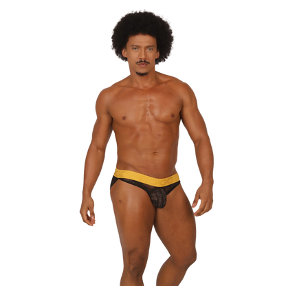 Black lace Gigo Magnetic Brief with bright yellow waistband featuring a comfortable elastic band design