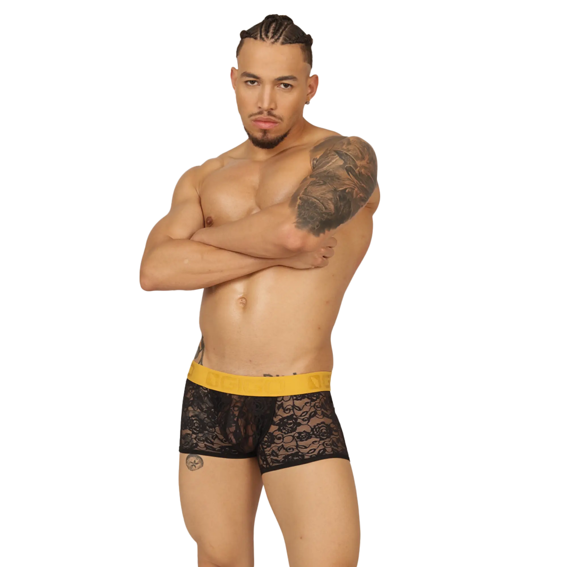 Black lace boxer briefs with a vibrant yellow elastic waistband from the gigo magnetic trunk jock collection