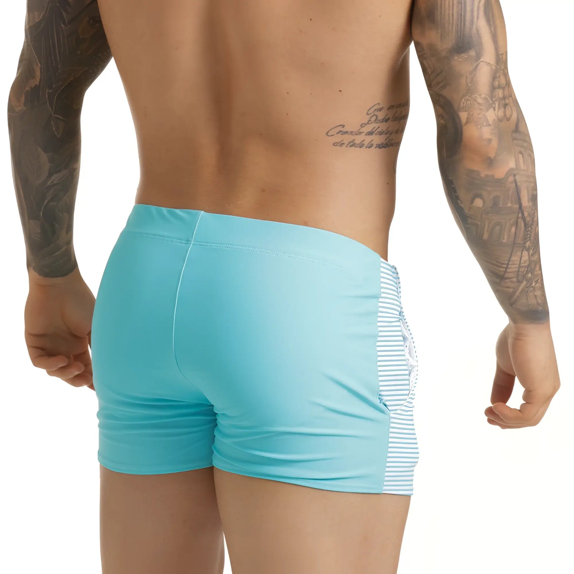 Light blue gigo marine blue swim trunks with white and light blue striped side panel for beachwear use