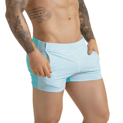 Gigo marine blue beachwear light blue and white striped swim trunks with solid turquoise side panels for beachwear