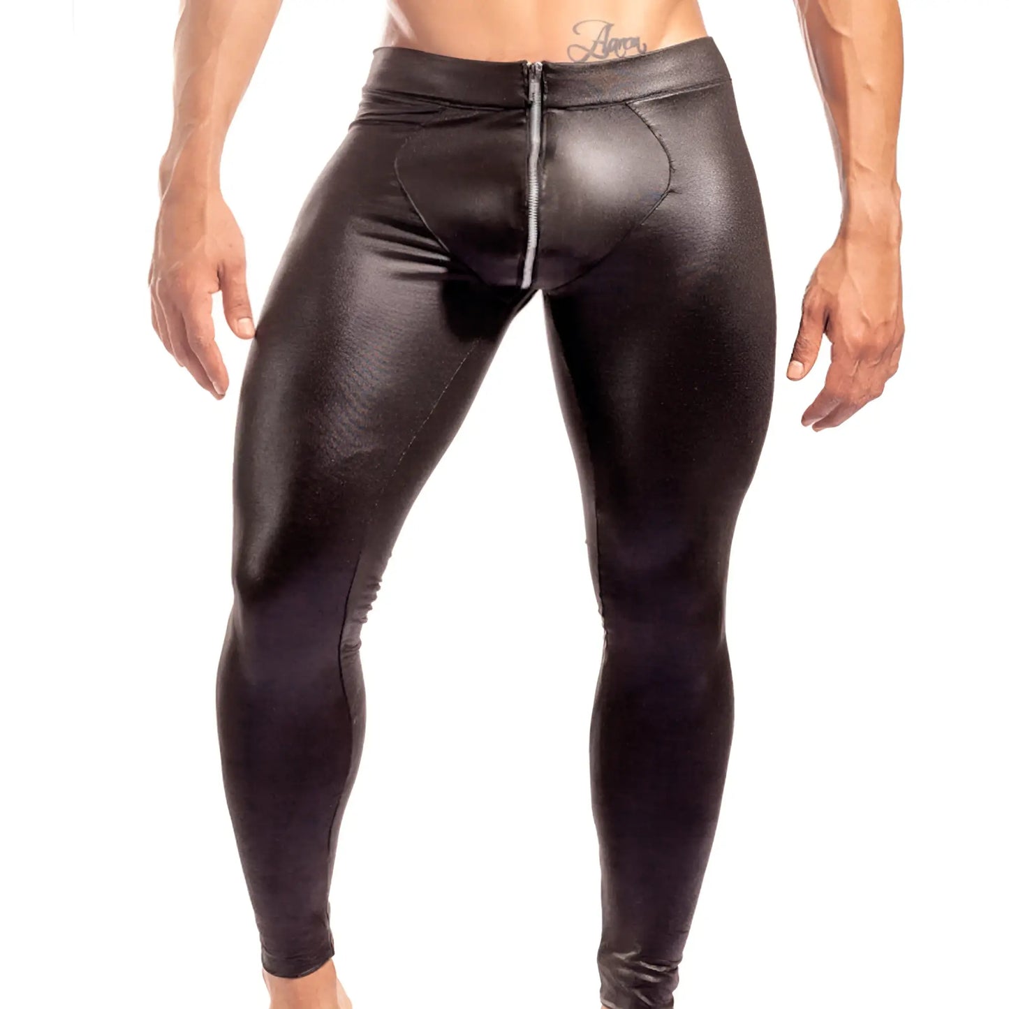 Black shiny faux leather leggings with front zipper and contoured design from gigo masochistic sportpants collection