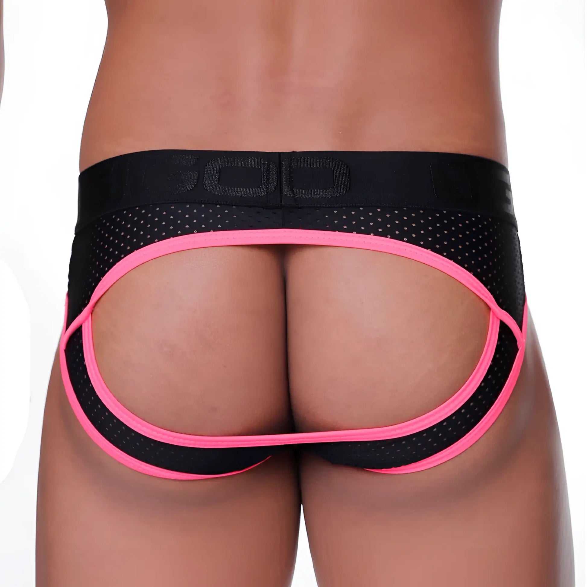 Black and neon pink mesh gigo medieval candy brief jockstrap showing bold open-back design