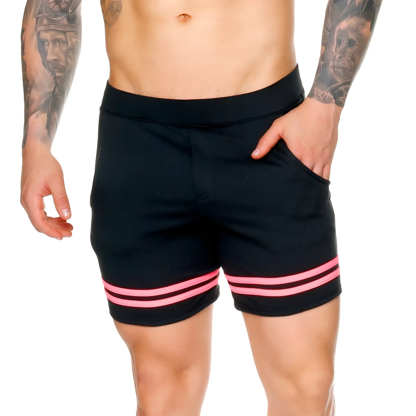 Black gigo medieval candy athletic shorts with two horizontal pink stripes at the hem for casual wear