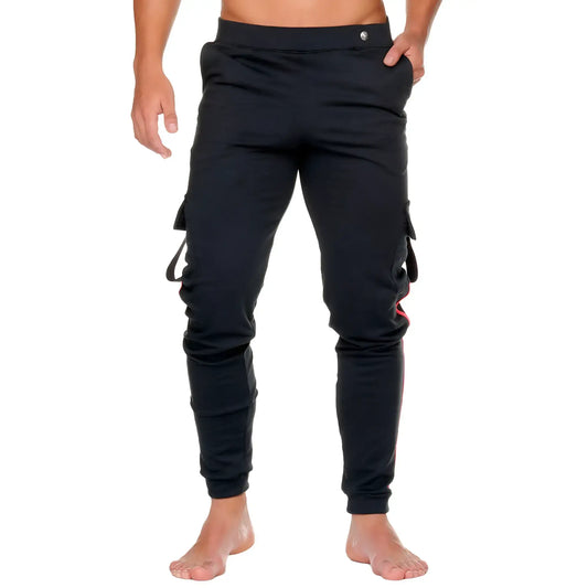 Black cargo joggers gigo medieval candy sportpants with pink accent stitching and adjustable drawstring waistband