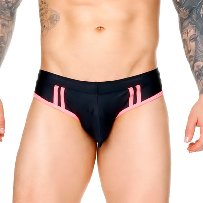 Black gigo medieval candy swim brief with pink trim and three vertical stripes on each side for swimming use