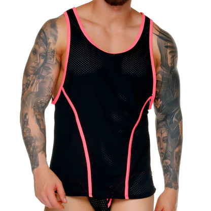 Black mesh gigo medieval candy tank top with vibrant pink trim and functional side zippers visible on front side