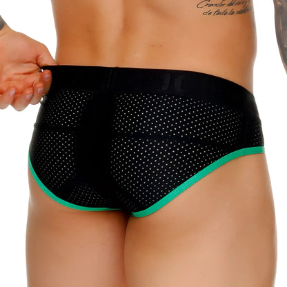 Black mesh briefs with vibrant green trim and subtle white dot pattern from gigo medieval green brief collection