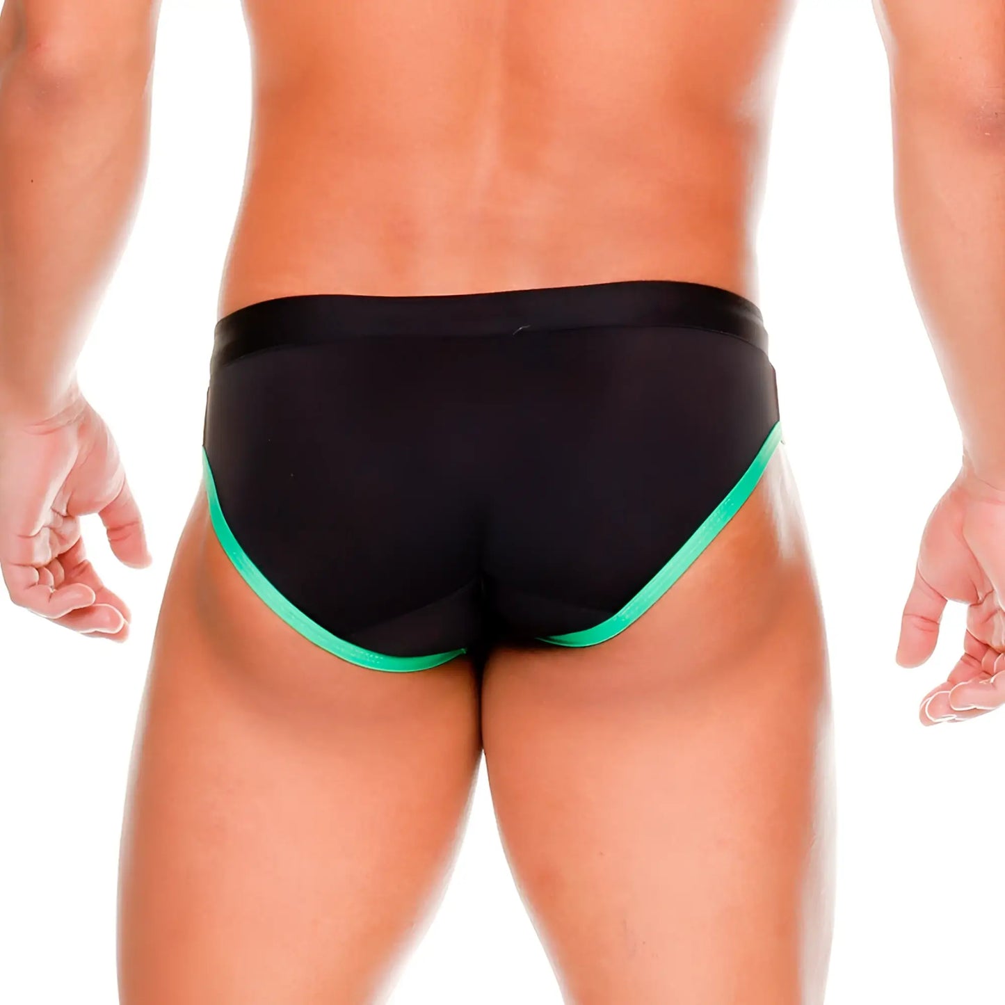 Black swim briefs with vibrant green trim on sides and waistband designed for Gigo medieval green style
