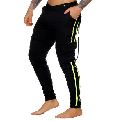 Black cargo joggers with neon green side stripes and drawstring waist from the gigo medieval yellow sportpants collection