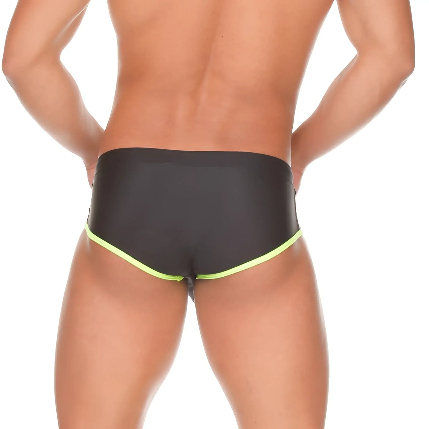 Black gigo medieval yellow swim trunks with neon green trim designed for comfortable beachwear