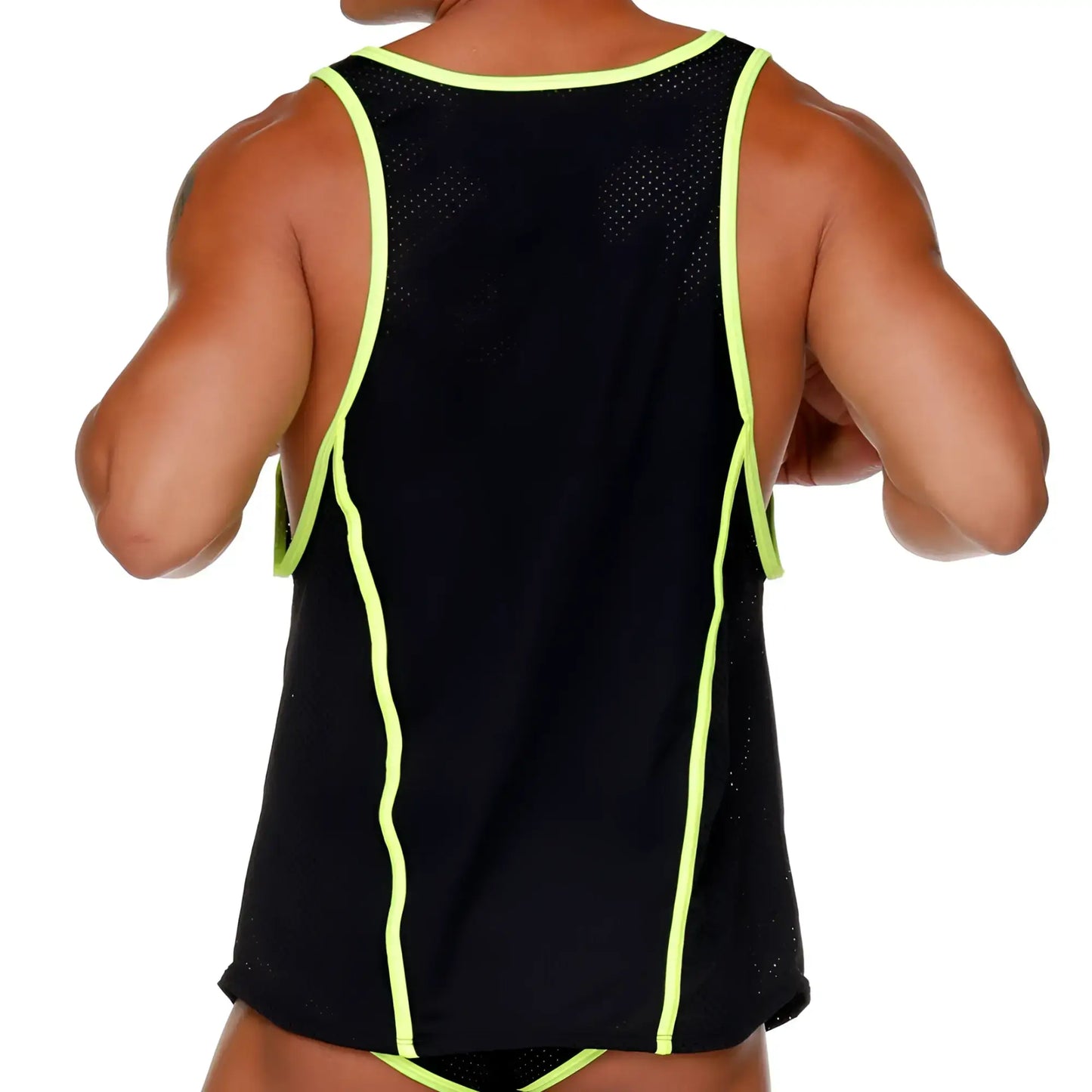 Black mesh tank top with neon yellow trim from gigo medieval yellow tank collection, front view