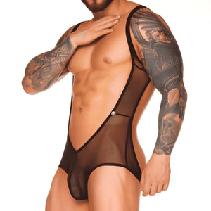 Black sheer mesh bodysuit with black trim and central button closure gigo mediterranean body front view