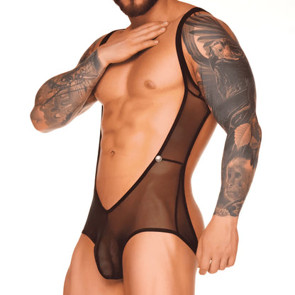 Black sheer mesh bodysuit with black trim and central button closure gigo mediterranean body front view