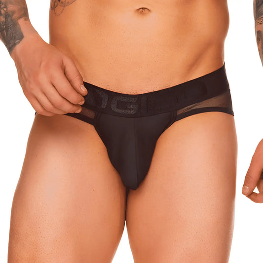 Black menâ€™s briefs gigo mediterranean brief with sheer mesh waistband and embossed logo in front view