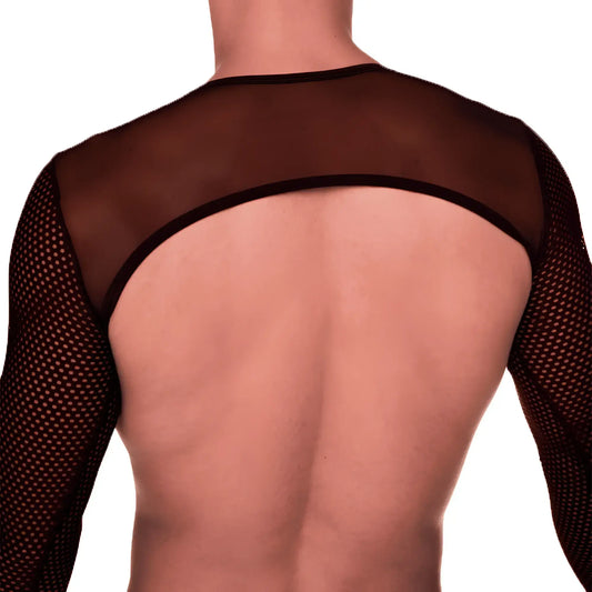 Black mesh long-sleeved top with sheer dotted texture and black neckline trim from Gigo Mediterranean Harness collection