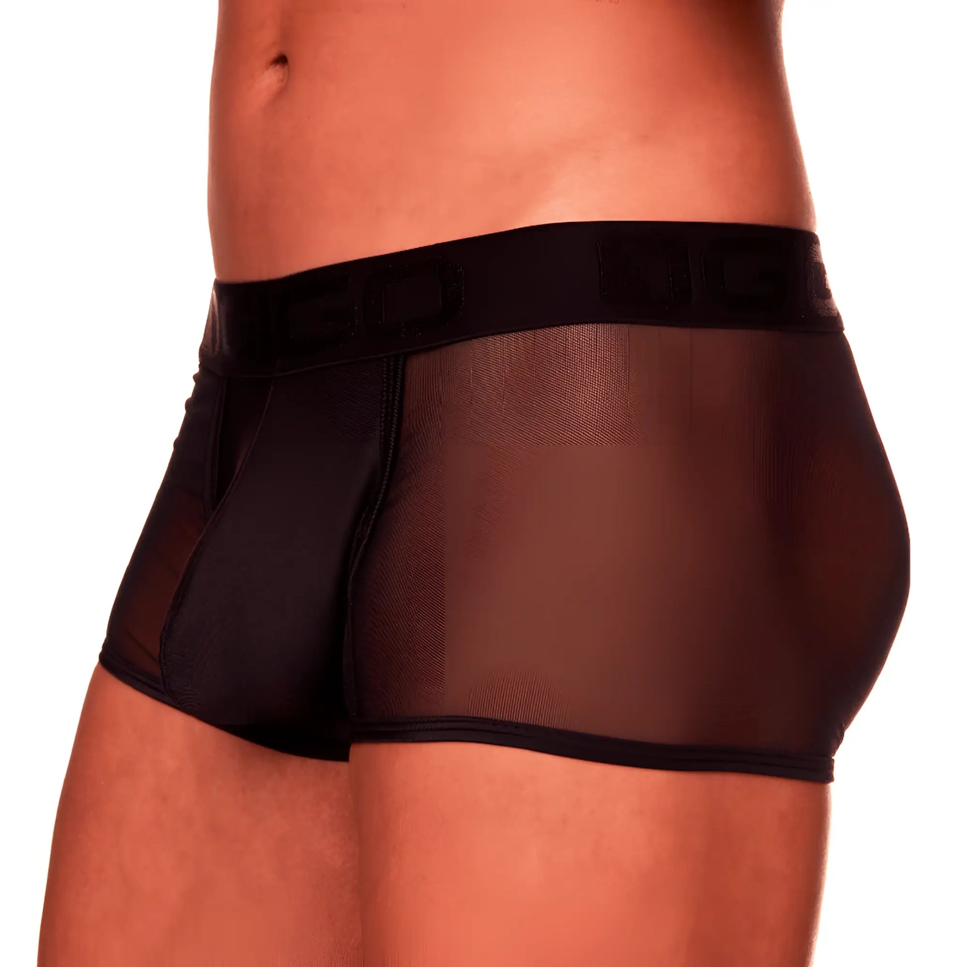 Black mesh briefs with a solid black waistband and embossed logo from the Gigo Mediterranean trunk collection