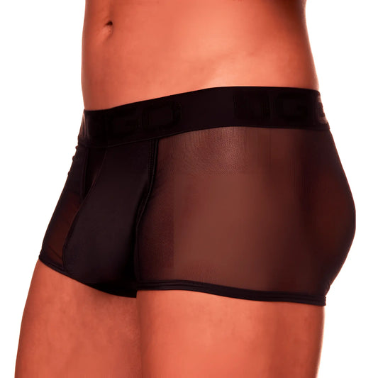 Black mesh briefs with a solid black waistband and embossed logo from the Gigo Mediterranean trunk collection