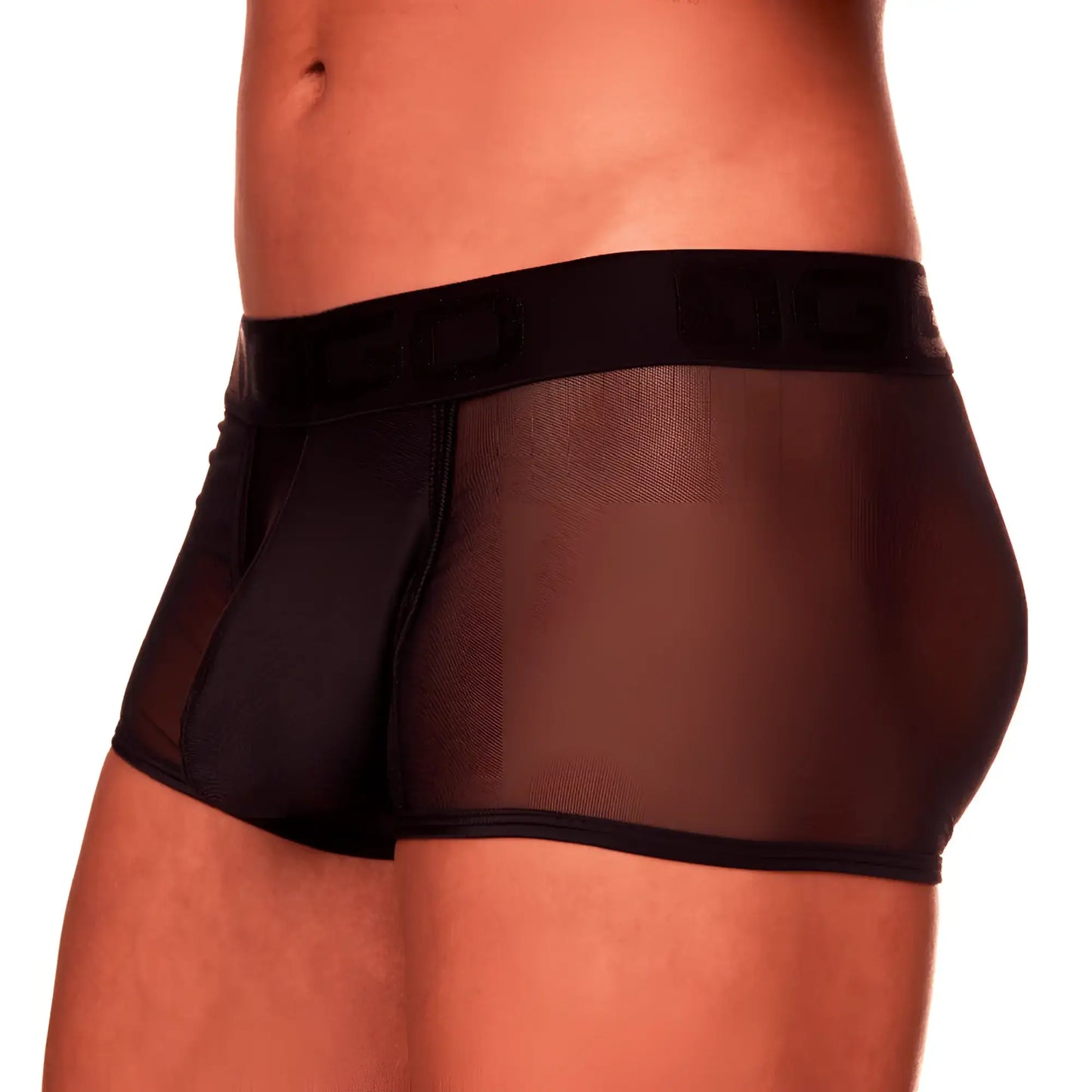 Black mesh briefs with a solid black waistband and embossed logo from the Gigo Mediterranean trunk collection