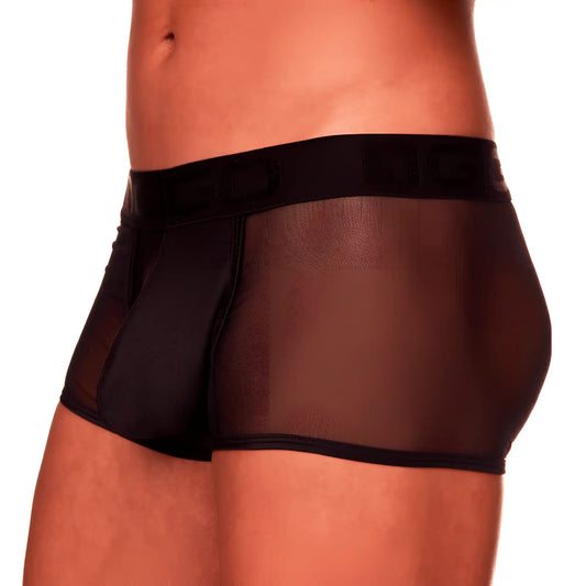 Black mesh briefs with a solid black waistband and embossed logo from the Gigo Mediterranean trunk collection