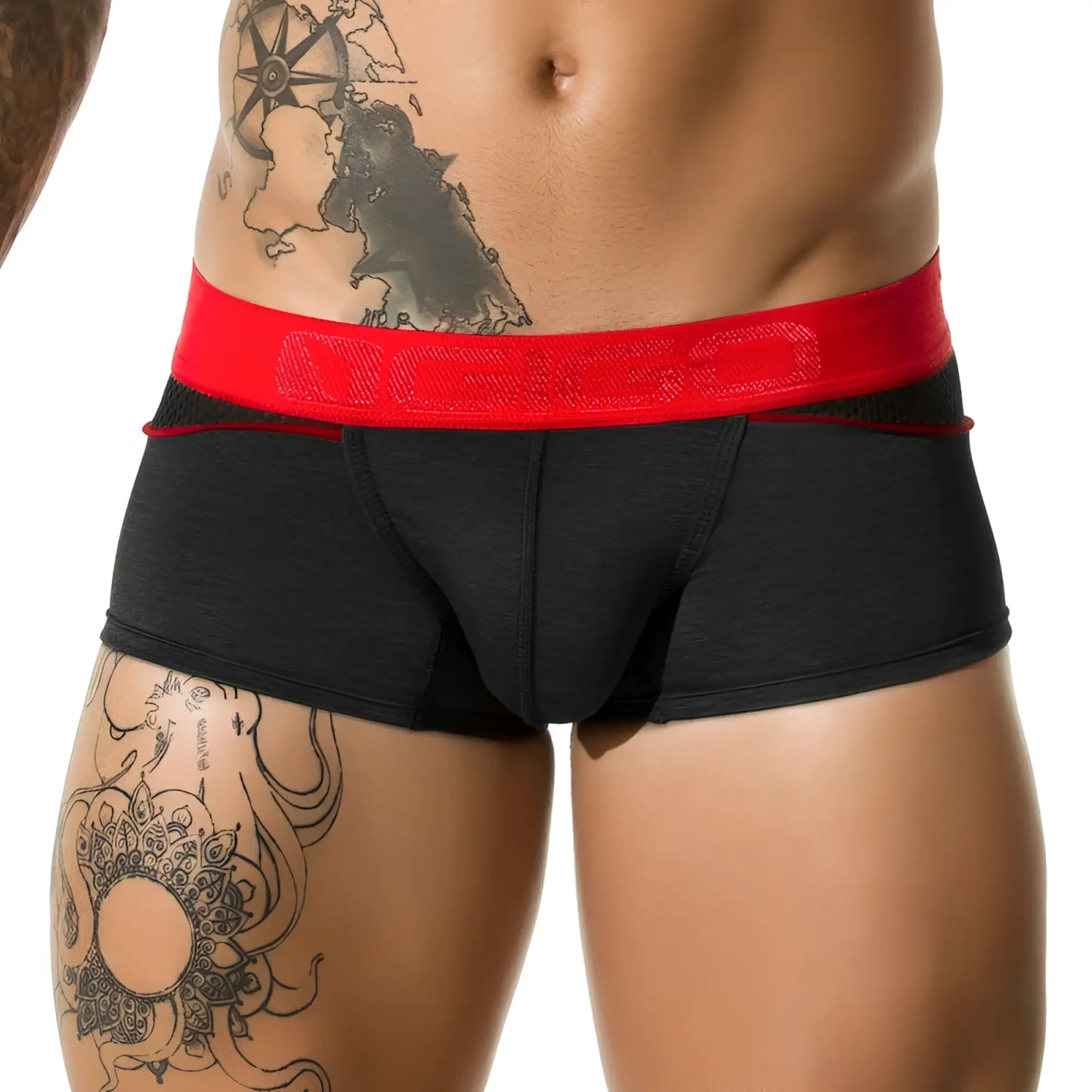 Black mesh short boxer underwear with bold red waistband and textured ogio logo size l