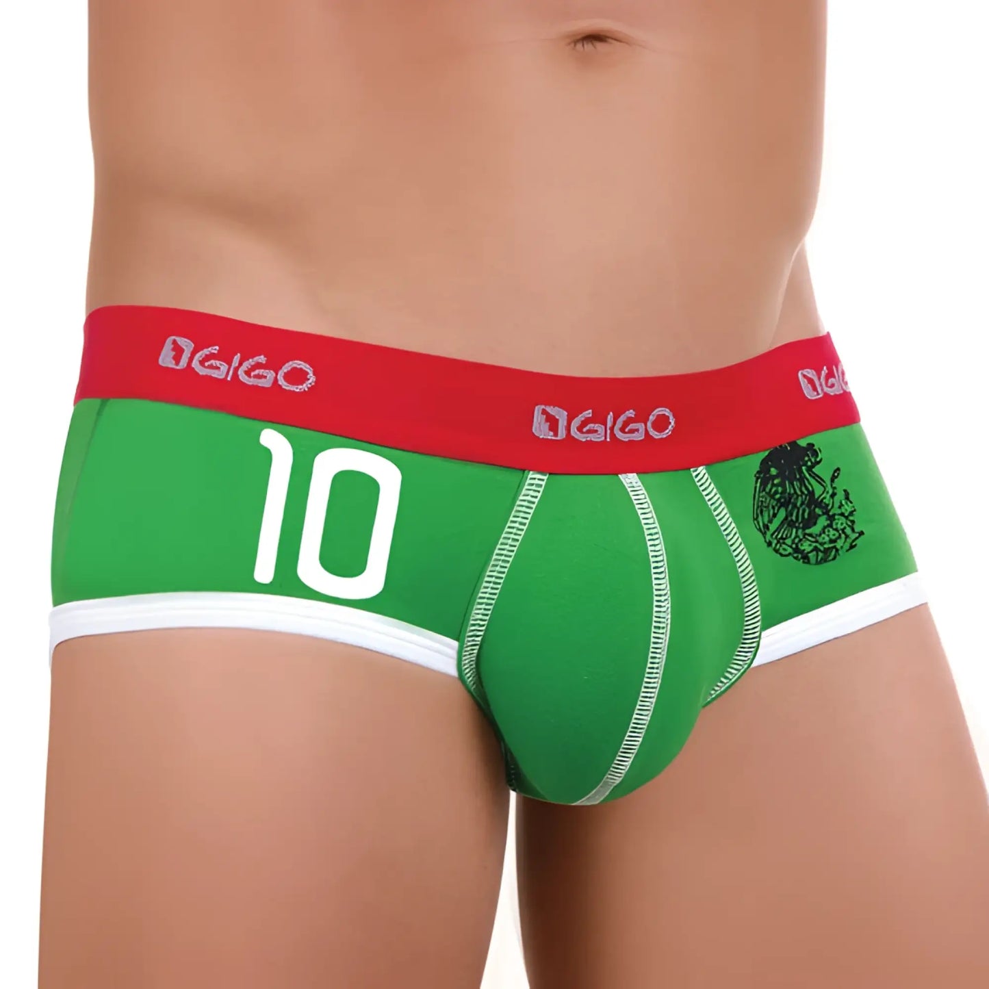 Green gigo mexico brief underwear size xl with red waistband white trim and white number 10 on front