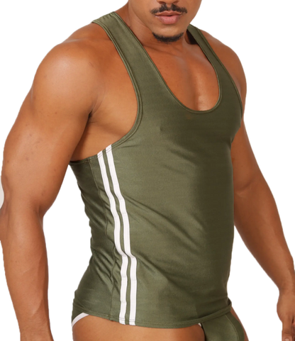Olive green gigo mix tank top with three white vertical stripes down each side for athletic wear