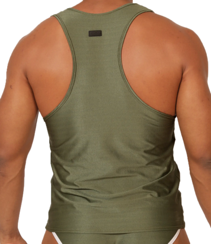 Olive green ribbed racerback tank top gigo mix green tank with small black brand tag on the back