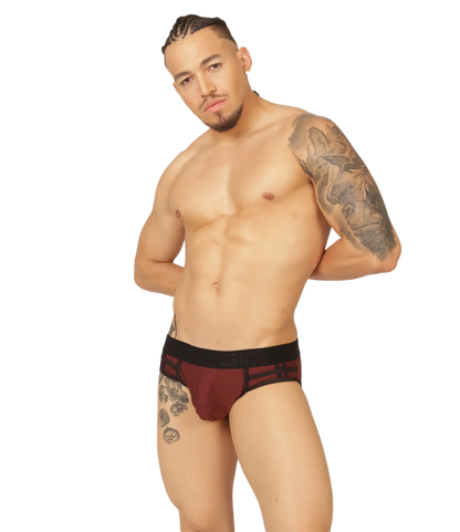 A pair of maroon and black gigo mix wine brief athletic briefs with supportive contoured design