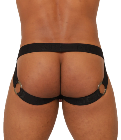 Black leather harness-style briefs with metallic rings at sides from gigo mix wine jockstrap collection