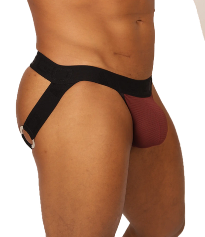 Black and maroon gigo mix wine jockstrap with textured front panel and adjustable side straps for athletic support