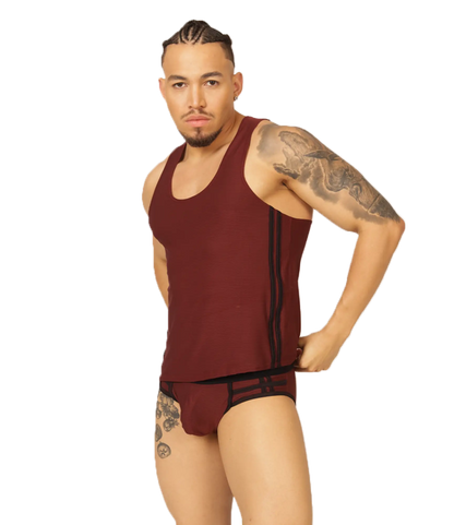 Maroon athletic tank top with black side stripes and matching briefs from Gigo Mix wine tank collection