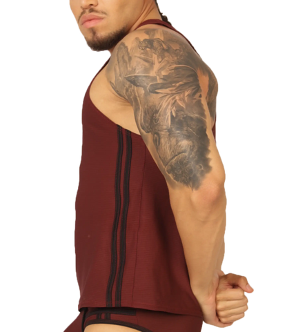 Gigo Mix Wine tank is a maroon cotton tank top with black vertical stripes ideal for casual summer wear