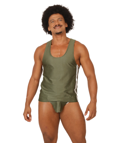 Olive green gigo mix wine tank athletic top with white side stripes designed for activewear and comfort