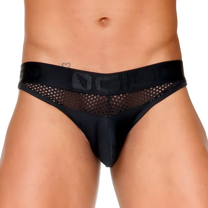 Black mesh briefs with a solid black waistband featuring an embossed gigo logo from the morocco black brief collection