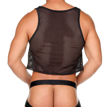 Gigo Morocco black crop top featuring a sleek black mesh design with reinforced trim along the edges