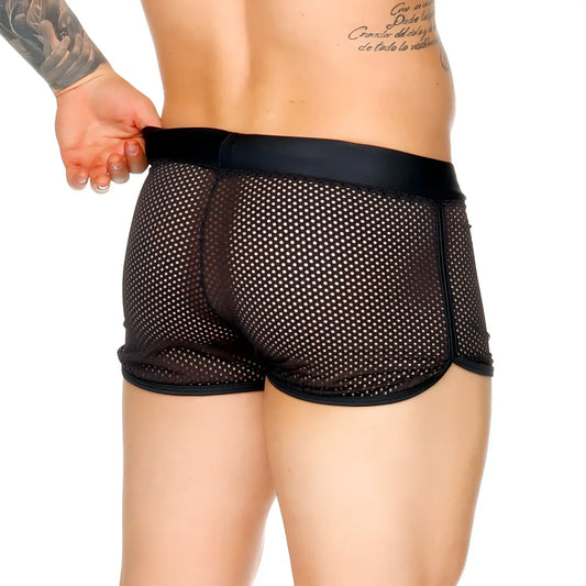 Black mesh briefs with solid black elastic waistband and trim from Gigo Morocco black hotshort collection