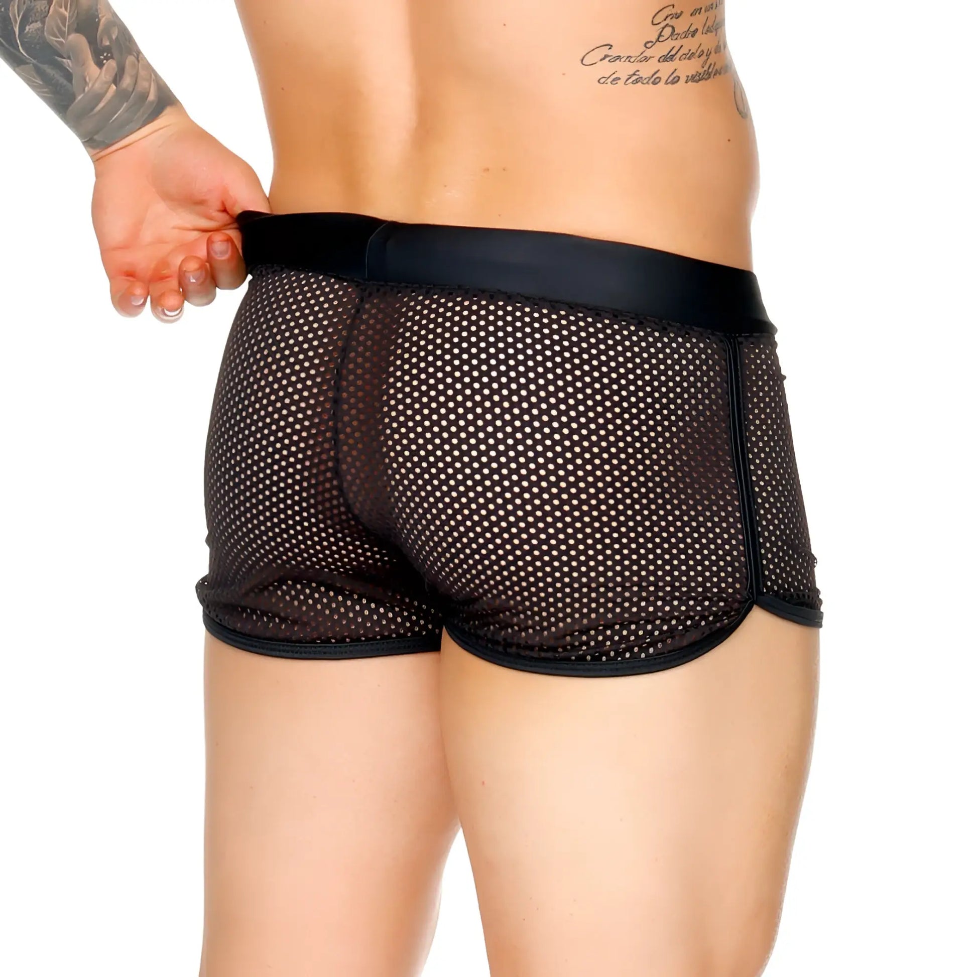 Black mesh briefs with solid black elastic waistband and trim from Gigo Morocco black hotshort collection