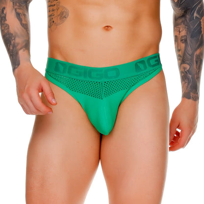 Green mesh briefs g string with bold nggo logo on the waistband from gigo morocco in green color
