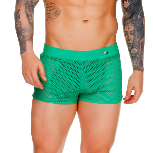 Gigo Morocco green hotshort vibrant green mesh swim trunks with solid waistband and small metallic button