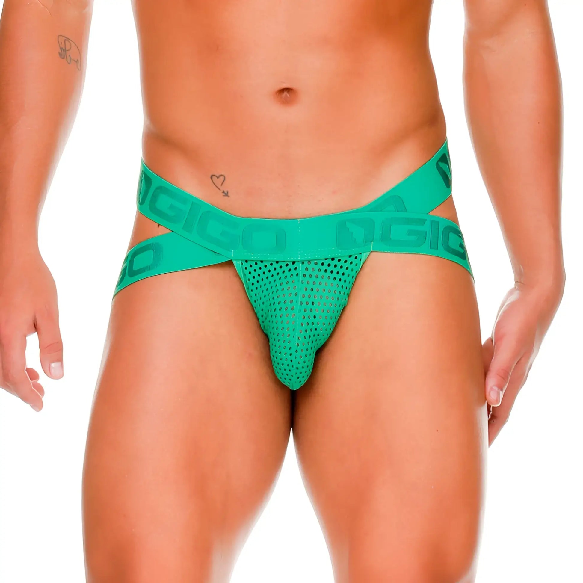 Vibrant teal mesh briefs with bold dgic branded elastic waistband from gigo morocco green jockstrap collection