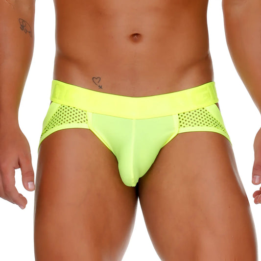 Neon green gigo morocco yellow brief jockstrap with perforated side panels and wide elastic waistband for athletic use