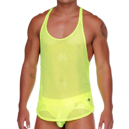 A neon yellow gigo morocco tank top made of mesh with a scoop neckline and slightly flared hem