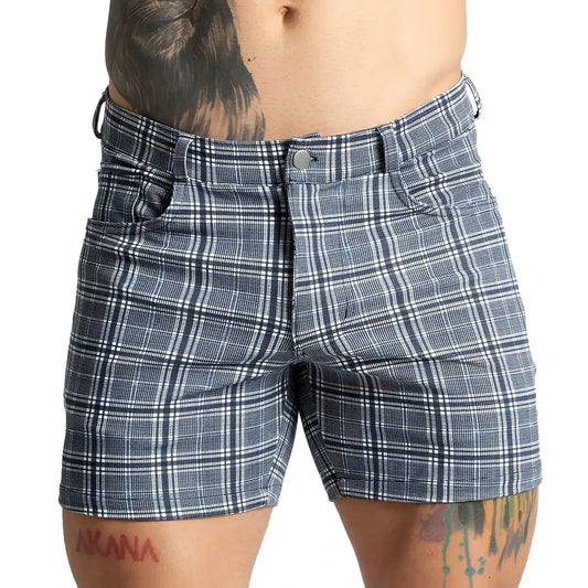 Blue and white plaid Gigo Mountain Square shorts with button closure perfect for casual outdoor wear