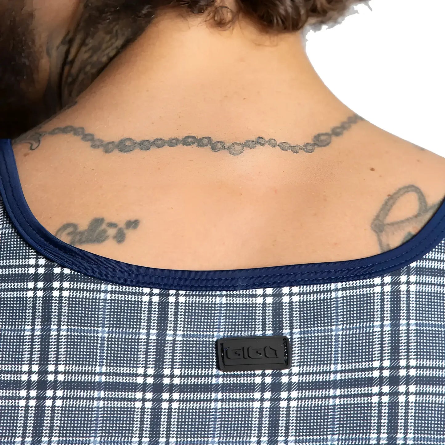 Navy blue and white plaid Gigo Mountain Square Tank with black brand tag at neckline, sleeveless casual top