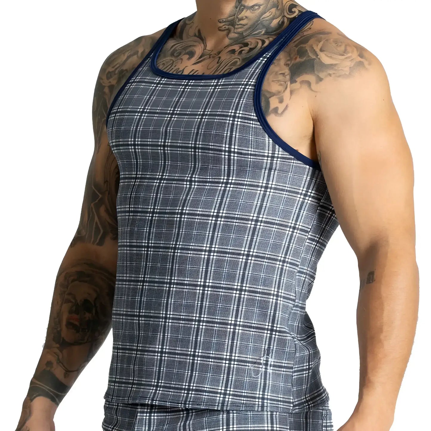 Gigo mountain square tank navy and gray plaid tank top with dark blue trim along neckline and armholes