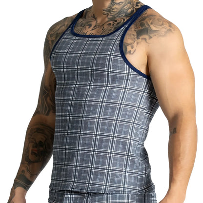 Gigo mountain square tank navy and gray plaid tank top with dark blue trim along neckline and armholes