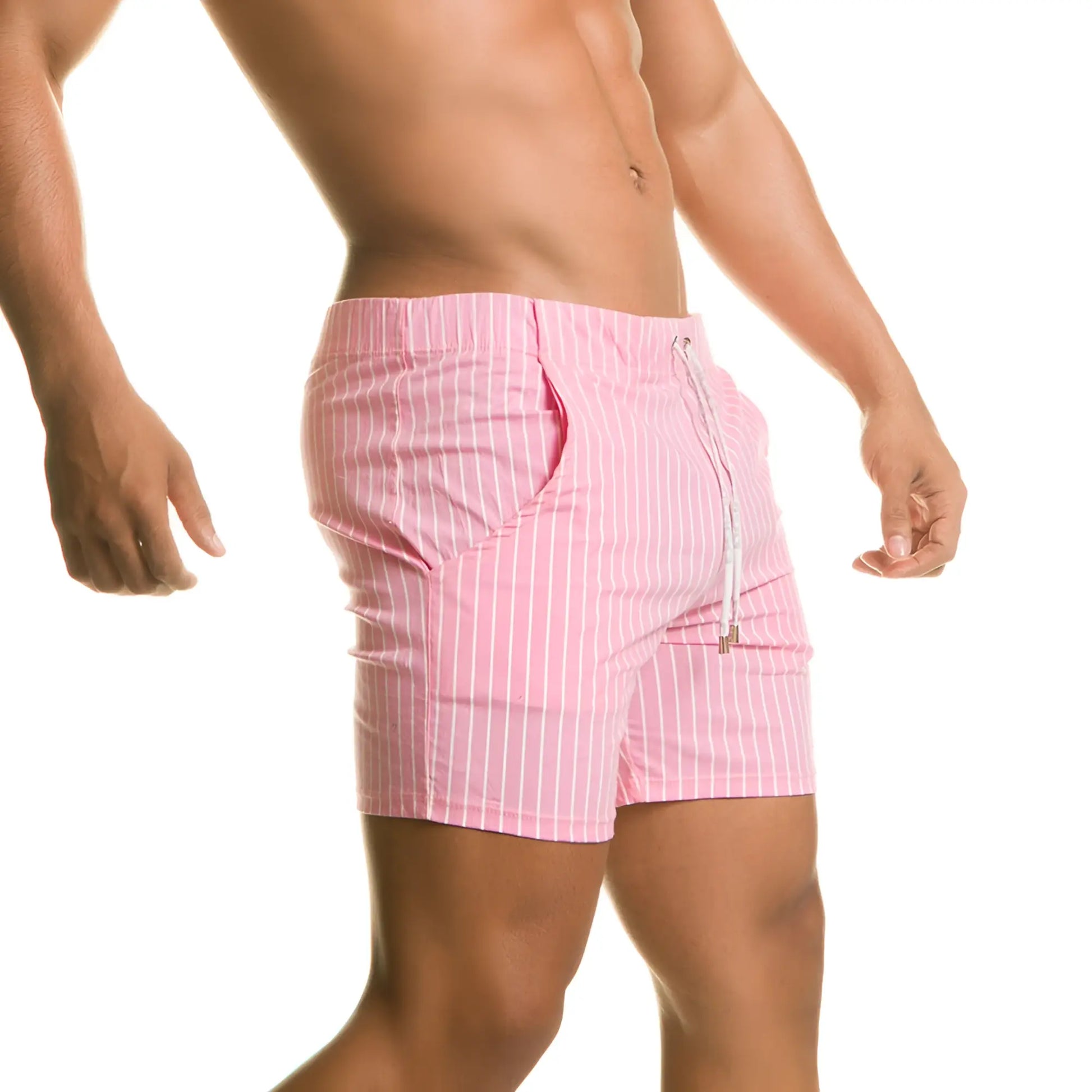 Pink striped Gigo Naval beachwear swim trunks with drawstring waistband for comfortable seaside wear