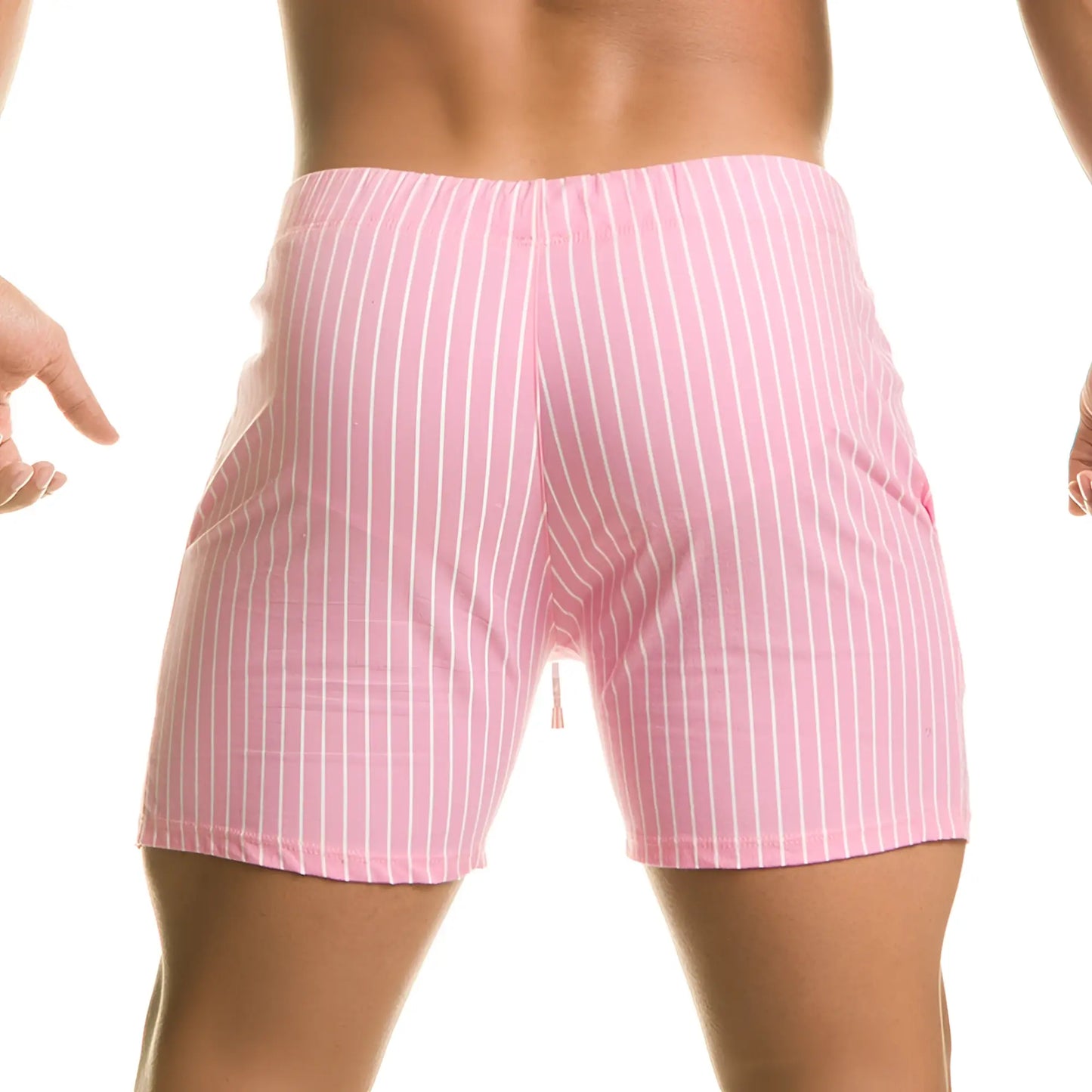 Gigo Naval Pink beachwear menâ€™s shorts with pink and white vertical stripes and a drawstring waistband